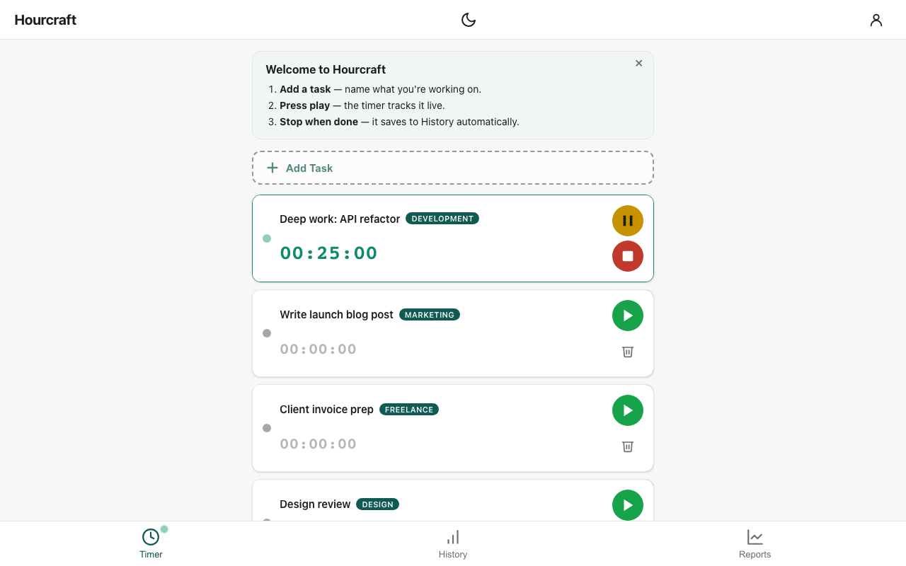 Hourcraft web app with the same running task