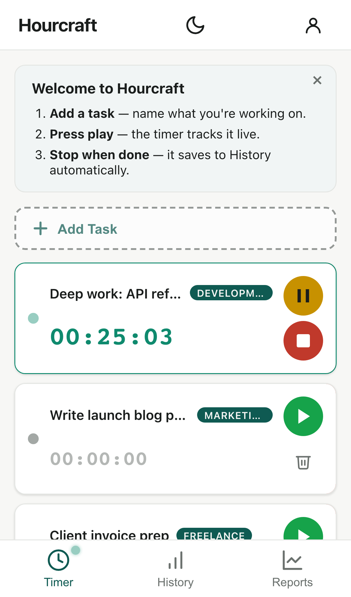 Hourcraft timer list docked in a narrow panel with a task running